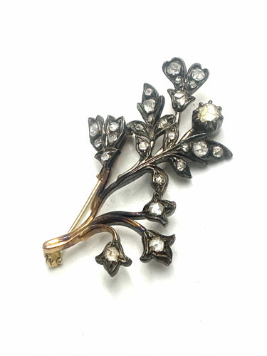 Broche Broche florale - Diamants taille rose en or et argent, Italie vers 1920 58 Facettes