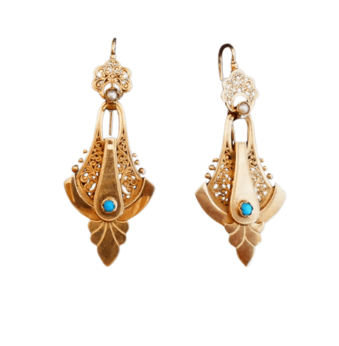 Boucles d'oreilles Boucles d'Oreilles Napoléon III en Or Rose, Perles et Turquoises 58 Facettes