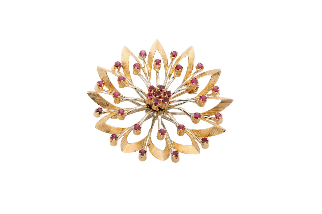 Broche flor de oro amarillo con rubí