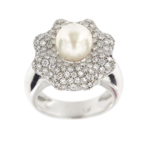 Bague 57 Bague fleur - Bague en or blanc 18 ct avec perle et diamants 58 Facettes 10510