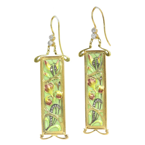 Boucles d'oreilles Boucles d’oreilles Art nouveau en or jaune 18 ct, émail plique-à-jour et diamants 58 Facettes 11139-0001