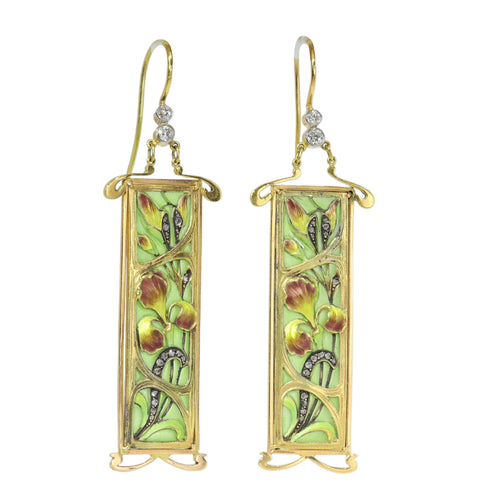 Boucles d'oreilles Boucles d’oreilles Art nouveau en or jaune 18 ct, émail plique-à-jour et diamants 58 Facettes 11139-0001