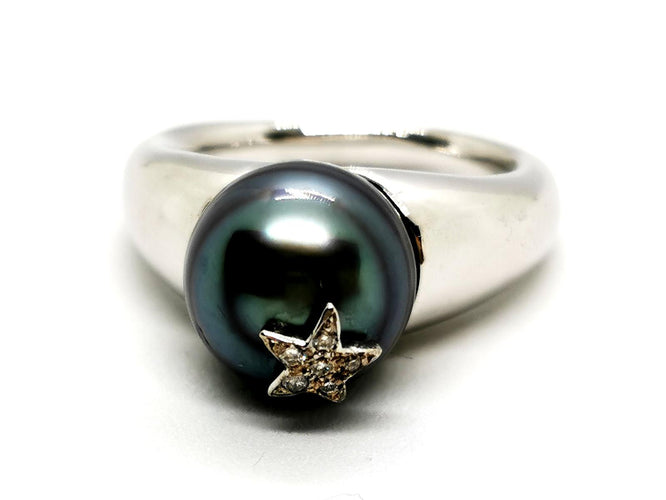 Bague 51 Bague en or blanc 18 carats avec perle de Tahiti et diamants 58 Facettes 1292003CN