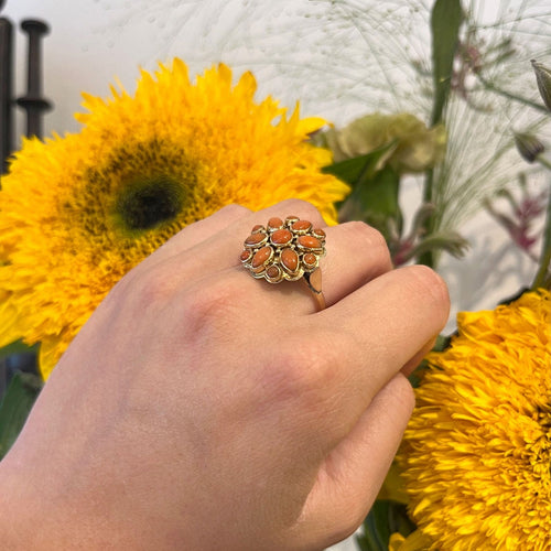Bague 61 Bague grappe de fleurs en or jaune 14 carats et corail 58 Facettes A033A196016C42458FA8D433E0C85F83