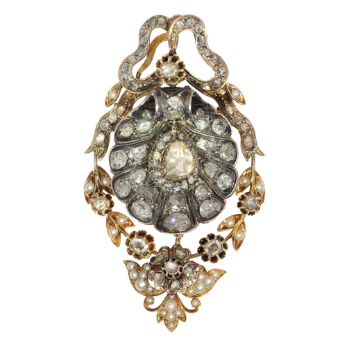 Pendentif Broche-pendentif victorienne en or rouge 18k, argent, diamants et perles 58 Facettes 17093-0243