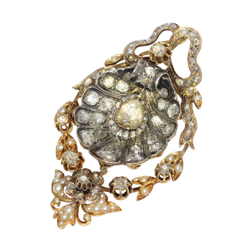 Pendentif Broche-pendentif victorienne en or rouge 18k, argent, diamants et perles 58 Facettes 17093-0243