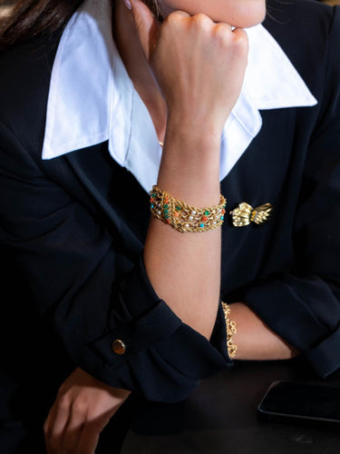 Bracelet Bracelet manchette en or jaune 18 carats cornaline, chrysoprase et turquoise 58 Facettes 1833431CN