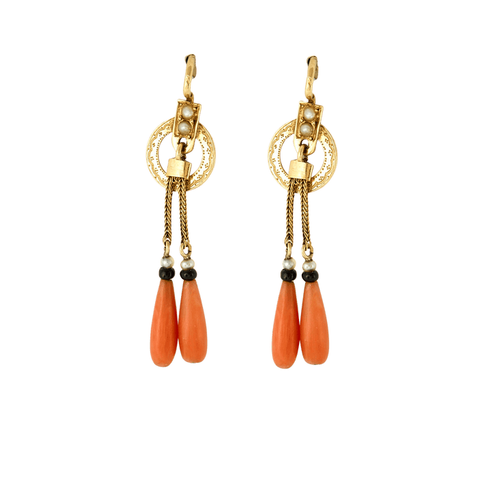 Boucles d'oreilles Boucles d'oreilles Napoléon III corail perles onyx 58 Facettes