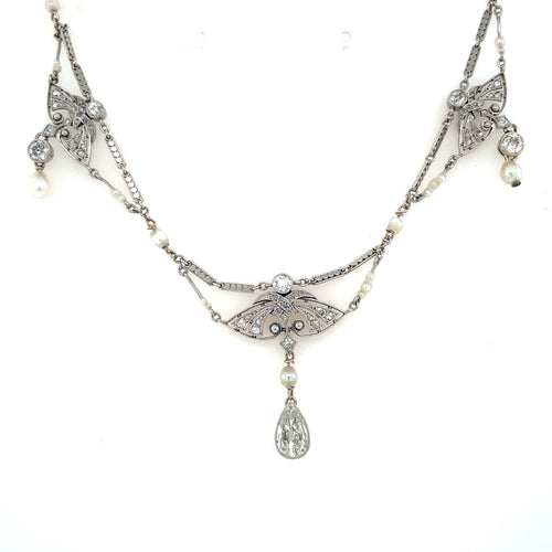 Collier Collier édouardien - Diamants et perles naturelles en platine 58 Facettes