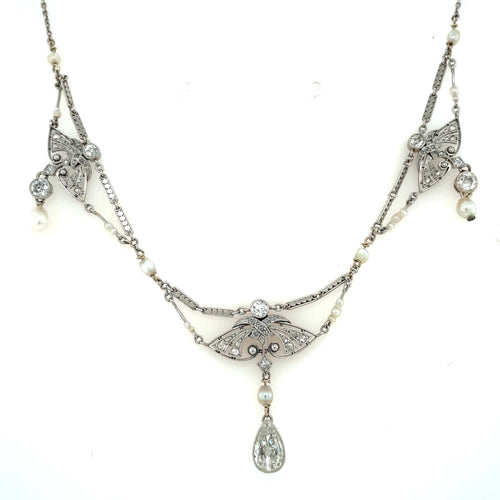 Collier Collier édouardien - Diamants et perles naturelles en platine 58 Facettes