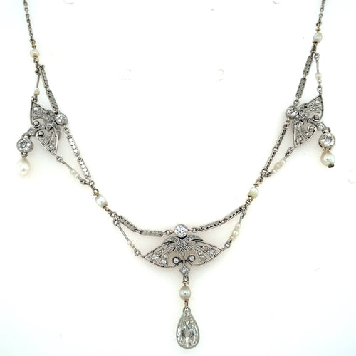 Collier Collier édouardien - Diamants et perles naturelles en platine 58 Facettes