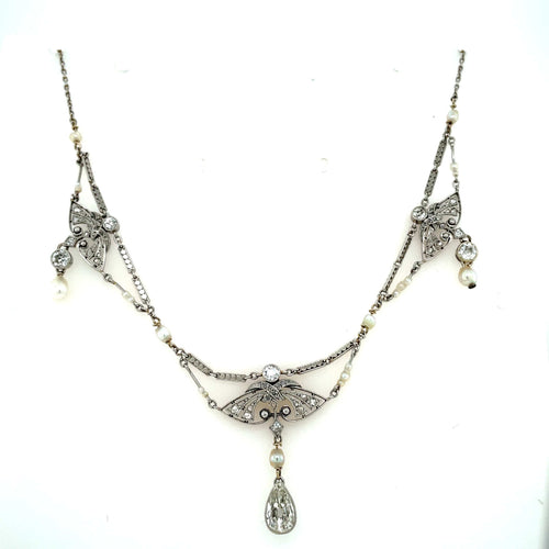 Collier Collier édouardien - Diamants et perles naturelles en platine 58 Facettes