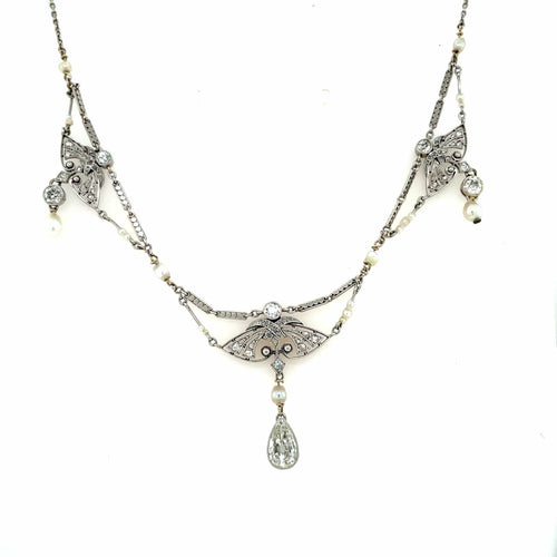 Collier Collier édouardien - Diamants et perles naturelles en platine 58 Facettes