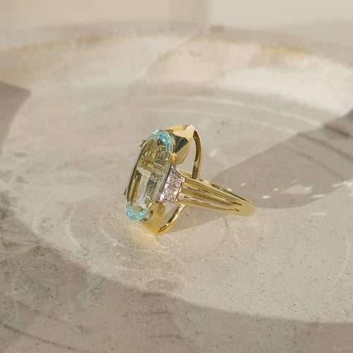 Ring 54 Ring Art Deco i 14 karat gult gull med akvamarin og diamanter 58 Facettes