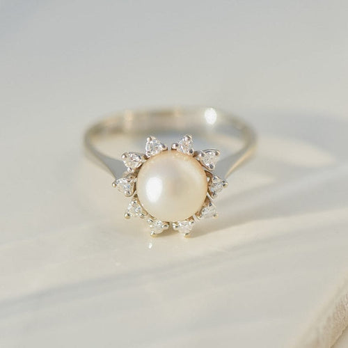 Ring 54 Vintage ring i 14 karat vitt guld med Mabé-pärla och diamanter 58 Facettes