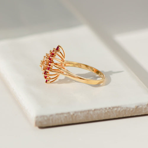 Ring 61.5 Vintage 14 ct yellow gold cocktail ring with rubies and diamonds 58 Facettes
