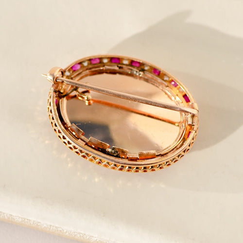 Broche Broche retrato antigo oval em ouro amarelo de 14 quilates, rubis e diamantes 58 Facettes