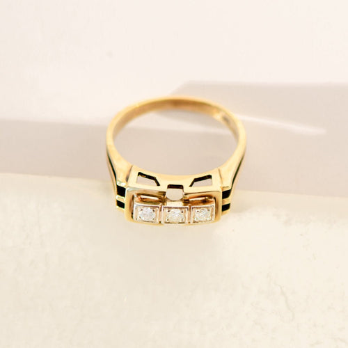 Anel 59 Anel vintage em ouro amarelo de 14 quilates e três diamantes 58 Facettes