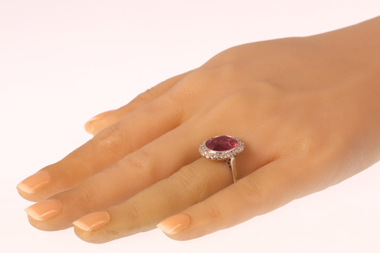 Bague 61 Bague de fiançailles vintage en or 18K bicolore, rubellite 7,09 ct et diamants 58 Facettes 21081-0285