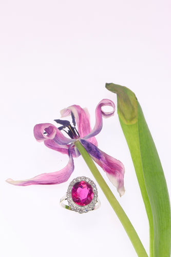 Bague 61 Bague de fiançailles vintage en or 18K bicolore, rubellite 7,09 ct et diamants 58 Facettes 21081-0285