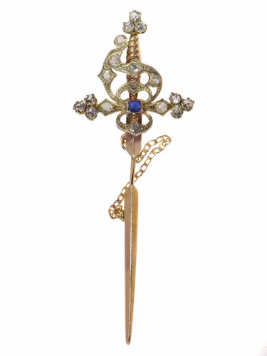 Broche Broche épée vintage en or rouge 18k, argent, diamants et saphir 58 Facettes 21309-0733