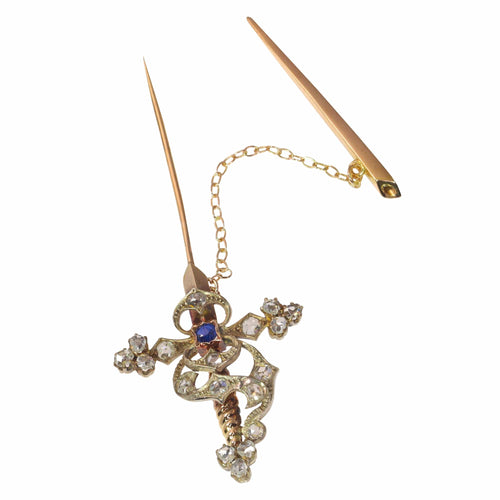 Broche Broche épée vintage en or rouge 18k, argent, diamants et saphir 58 Facettes 21309-0733