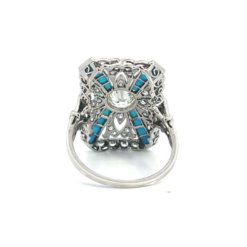 Bague 55 Bague Art déco en platine avec diamants et turquoise 58 Facettes