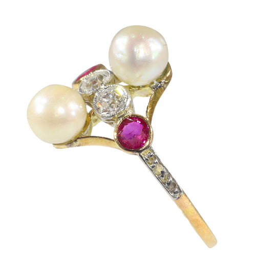 Bague 57 Bague Art déco vintage en or jaune 18 carats avec diamants, rubis et perles 58 Facettes 22298-0288