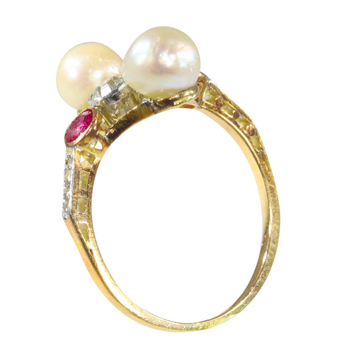 Bague 57 Bague Art déco vintage en or jaune 18 carats avec diamants, rubis et perles 58 Facettes 22298-0288
