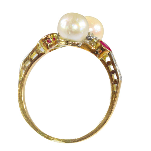 Bague 57 Bague Art déco vintage en or jaune 18 carats avec diamants, rubis et perles 58 Facettes 22298-0288