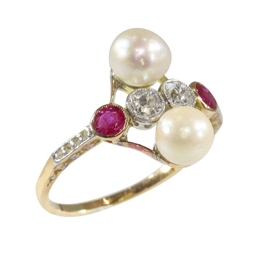 Bague 57 Bague Art déco vintage en or jaune 18 carats avec diamants, rubis et perles 58 Facettes 22298-0288