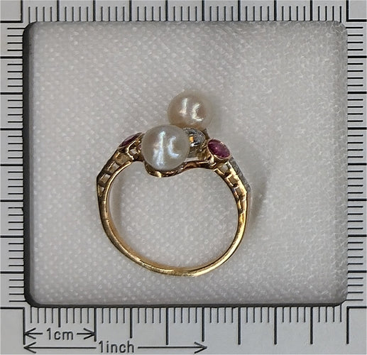 Bague 57 Bague Art déco vintage en or jaune 18 carats avec diamants, rubis et perles 58 Facettes 22298-0288