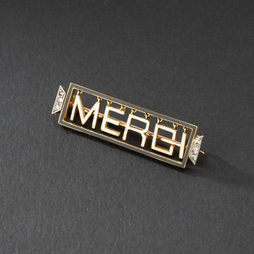 Broche Broche « Merci » émaillée en or jaune 18k et platine, diamants 58 Facettes