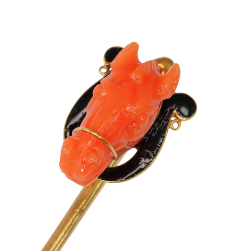 Épingle à cravate tête de cheval en corail en or jaune 18K 58 Facettes 24057-0275