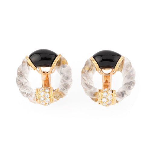 Boucles d'oreilles Boucheron - Boucles d’oreilles rondes en or jaune, onyx et diamants 58 Facettes 1