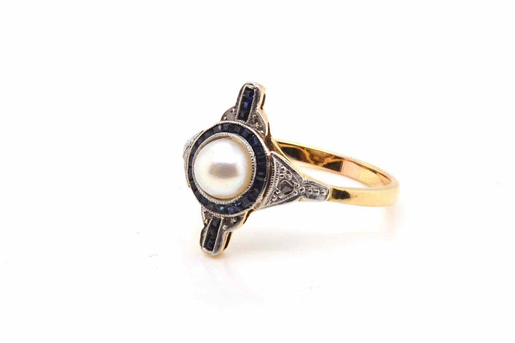 Bague 55 Bague en or jaune et platine avec perle, diamants et saphirs 58 Facettes 24969