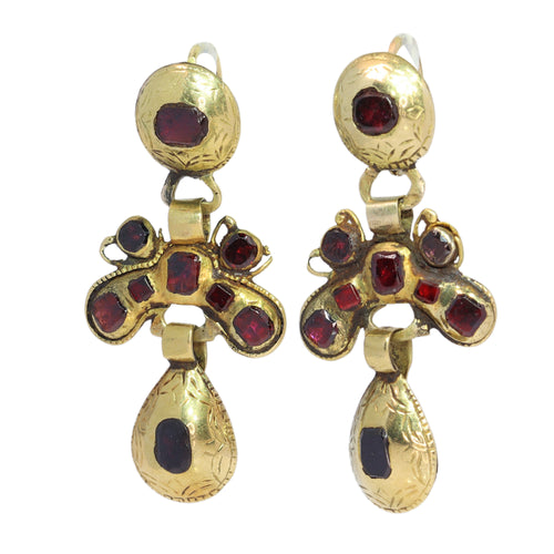 Boucles d'oreilles Boucles d’oreilles ibériques baroques pendantes en or jaune 18K et grenats 58 Facettes 25115-0315
