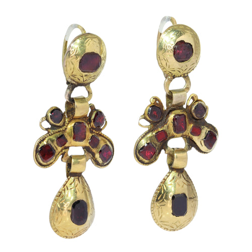 Boucles d'oreilles Boucles d’oreilles ibériques baroques pendantes en or jaune 18K et grenats 58 Facettes 25115-0315