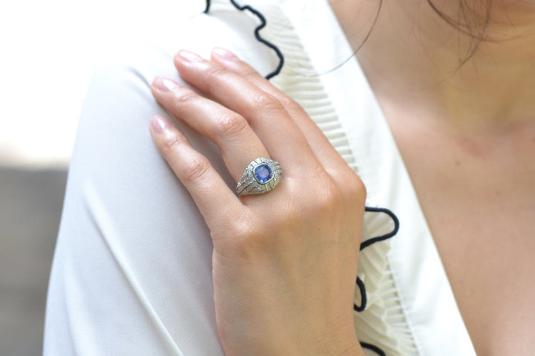 Bague 54 Bague Art déco en platine avec saphir de Ceylan et diamants 58 Facettes 27001