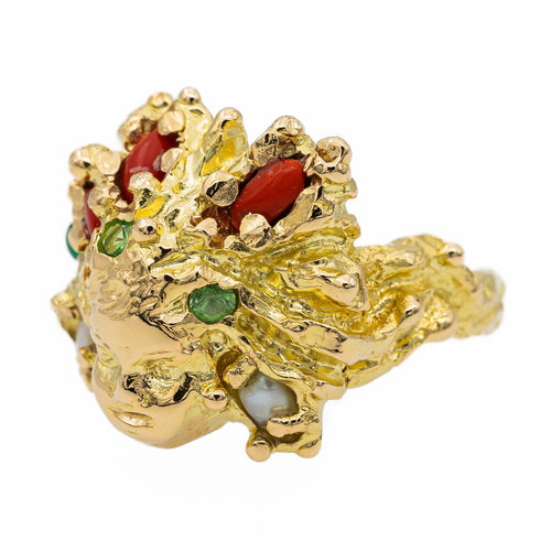 Bague 52 Bague cocktail en or jaune 18 carats, corail, péridots et perle 58 Facettes 2709310CN