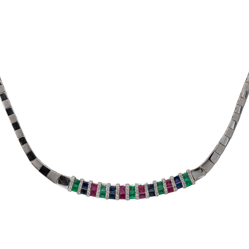 Collier Collier en or blanc 18 carats avec émeraudes, saphirs, rubis et diamants 58 Facettes 2834270CN