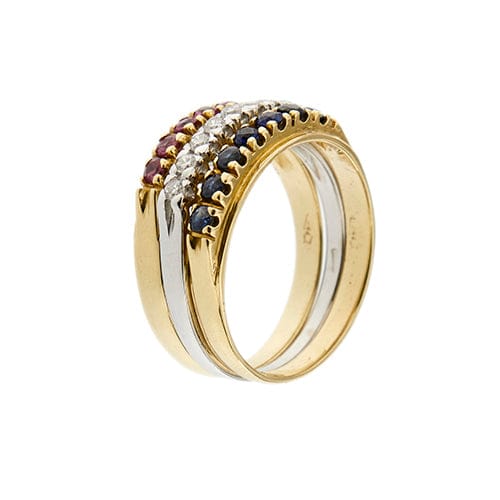 Bague Fiume - Tris de bagues rivière en or 18 ct avec diamants, rubis et saphirs 58 Facettes 29582
