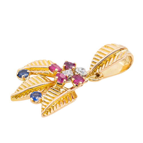 Pendentif Pendentif feuille en or jaune et or rose avec diamants, rubis et saphirs 58 Facettes 2975751CN