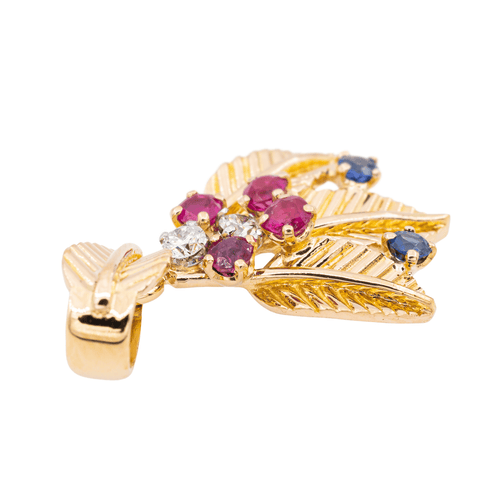 Pendentif Pendentif feuille en or jaune et or rose avec diamants, rubis et saphirs 58 Facettes 2975751CN