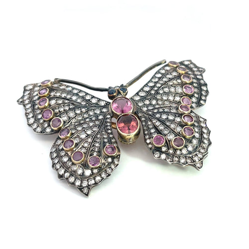 Broche Broche papillon en argent et or jaune avec diamants et tourmaline 58 Facettes 12345