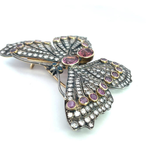 Broche Broche papillon en argent et or jaune avec diamants et tourmaline 58 Facettes 12345