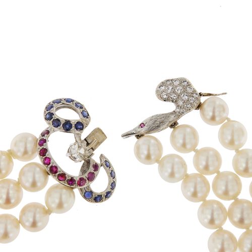 Collier Collier - Trois rangs de perles Akoya en or blanc 18 carats 58 Facettes 31430