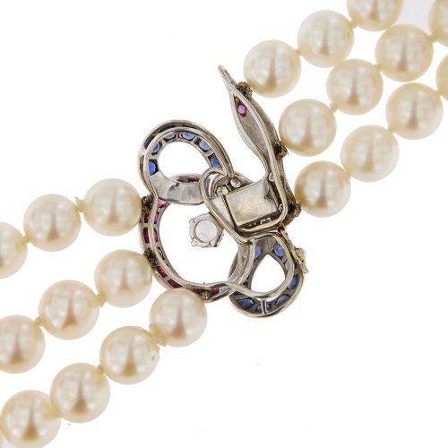 Collier Collier - Trois rangs de perles Akoya en or blanc 18 carats 58 Facettes 31430