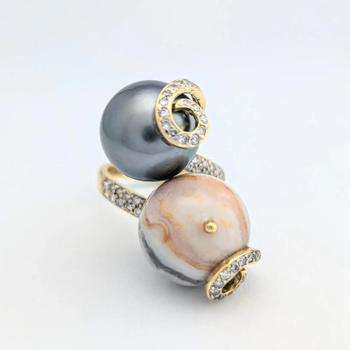 Anello 55 Anello cocktail in oro giallo 18 carati, perla di Tahiti e agata 58 Facettes 32034