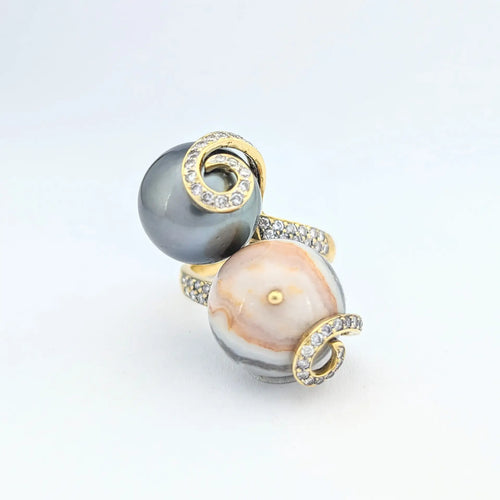 Anello 55 Anello cocktail in oro giallo 18 carati, perla di Tahiti e agata 58 Facettes 32034